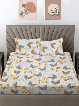 FABINALIV - Yellow Floral 300 Tc 100% Cotton King Size Double Bedsheet With 2 Pillow Covers