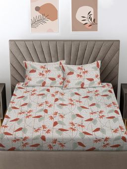 FABINALIV - Orange Floral 300 Tc 100% Cotton King Size Double Bedsheet With 2 Pillow Covers