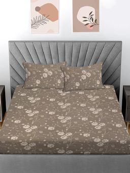 FABINALIV - Beige Floral 300 Tc 100% Cotton King Size Double Bedsheet With 2 Pillow Covers