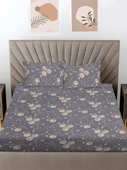 FABINALIV - Grey Floral 300 Tc 100% Cotton King Size Double Bedsheet With 2 Pillow Covers