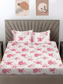 FABINALIV - Pink Floral 300 Tc Pure Cotton King Size Double Bedsheet With 2 Pillow Covers