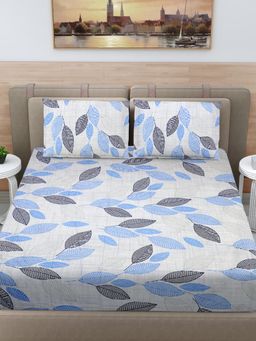 FABINALIV - Blue Floral 100% Cotton Super King Size Double Bedsheet With 2 Pillow Covers