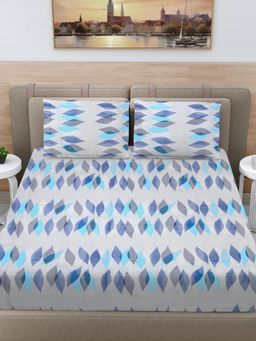 FABINALIV - Blue Floral 100% Cotton Super King Size Double Bedsheet With 2 Pillow Covers