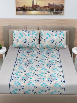 FABINALIV - Blue Floral 100% Cotton Super King Size Double Bedsheet With 2 Pillow Covers