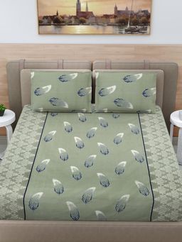 FABINALIV - Green Floral 100% Cotton Super King Size Double Bedsheet With 2 Pillow Covers
