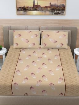 FABINALIV - Beige Floral 100% Cotton Super King Size Double Bedsheet With 2 Pillow Covers