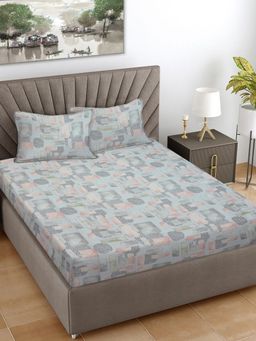 FABINALIV - Grey Geometric 100% Cotton Super King Size Double Bedsheet With 2 Pillow Covers