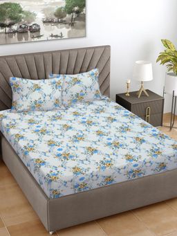 FABINALIV - Blue Floral 100% Cotton Super King Size Double Bedsheet With 2 Pillow Covers