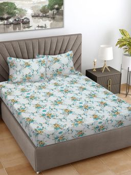 FABINALIV - Turquoise Floral 100% Cotton Super King Size Double Bedsheet With 2 Pillow Covers