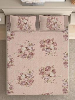 FABINALIV - Beige Floral Pure Cotton Super King Size Double Bedsheet With 2 Pillow Covers