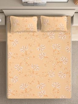 FABINALIV - Yellow Floral Pure Cotton Super King Size Double Bedsheet With 2 Pillow Covers