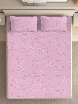 FABINALIV - Pink Floral Pure Cotton Super King Size Double Bedsheet With 2 Pillow Covers