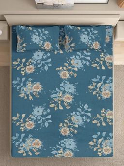 FABINALIV - Blue Floral Pure Cotton Super King Size Double Bedsheet With 2 Pillow Covers