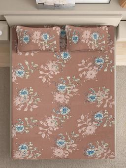 FABINALIV - Brown Floral Pure Cotton Super King Size Double Bedsheet With 2 Pillow Covers