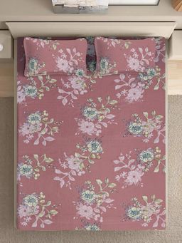 FABINALIV - Rust Floral Pure Cotton Super King Size Double Bedsheet With 2 Pillow Covers