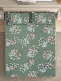 FABINALIV - Green Floral Pure Cotton Super King Size Double Bedsheet With 2 Pillow Covers