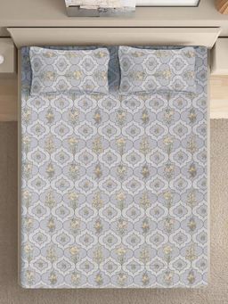 FABINALIV - Yellow Floral Pure Cotton Super King Size Double Bedsheet With 2 Pillow Covers