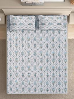 FABINALIV - Blue Floral Pure Cotton Super King Size Double Bedsheet With 2 Pillow Covers
