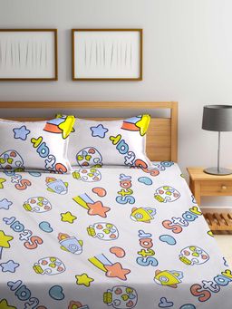 FABINALIV - White Cartoon Print Cotton Blend King Size Fitted Double Bedsheet With 2 Pillow Covers