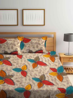 FABINALIV - Multicolor Floral Cotton Blend King Size Fitted Double Bedsheet With 2 Pillow Covers