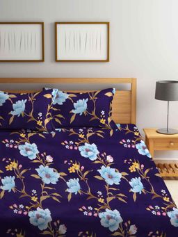 FABINALIV - Purple Floral Cotton Blend King Size Fitted Double Bedsheet With 2 Pillow Covers