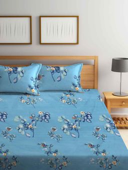 FABINALIV - Blue Floral Cotton Blend King Size Fitted Double Bedsheet With 2 Pillow Covers