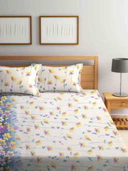FABINALIV - Cream Floral Cotton Blend King Size Fitted Double Bedsheet With 2 Pillow Covers