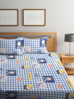 FABINALIV - Blue Cartoon Print Cotton Blend King Size Fitted Double Bedsheet With 2 Pillow Covers