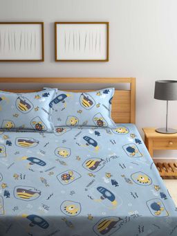 FABINALIV - Multicolor CartoonCotton Blend King Size Fitted Double Bedsheet With 2 Pillow Covers