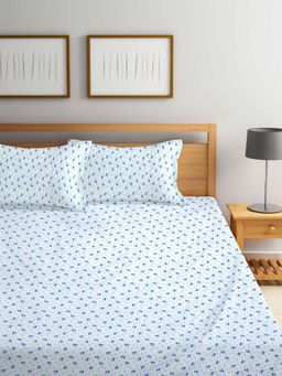 FABINALIV - White Floral Cotton Blend King Size Fitted Double Bedsheet With 2 Pillow Covers