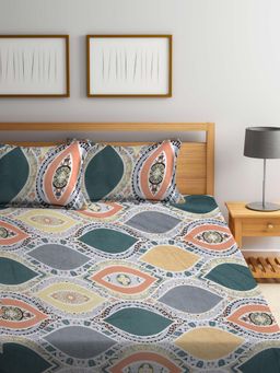 FABINALIV - Multicolor Motifs Cotton Blend King Size Fitted Double Bedsheet With 2 Pillow Covers