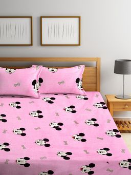 FABINALIV - Pink Cartoon Print Cotton Blend King Size Fitted Double Bedsheet With 2 Pillow Covers