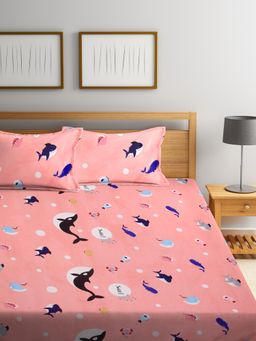FABINALIV - Peach Cartoon Print Cotton Blend King Size Fitted Double Bedsheet With 2 Pillow Covers