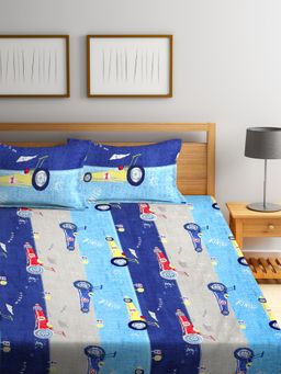 FABINALIV - Multicolor CartoonCotton Blend King Size Fitted Double Bedsheet With 2 Pillow Covers