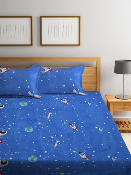 FABINALIV - Blue Cartoon Print Cotton Blend King Size Fitted Double Bedsheet With 2 Pillow Covers