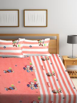FABINALIV - Peach Cartoon Print Cotton Blend King Size Fitted Double Bedsheet With 2 Pillow Covers