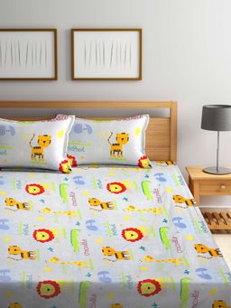 FABINALIV - Multicolor CartoonCotton Blend King Size Fitted Double Bedsheet With 2 Pillow Covers