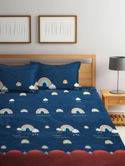 FABINALIV - Blue Cartoon Print Cotton Blend King Size Fitted Double Bedsheet With 2 Pillow Covers