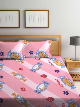 FABINALIV - Pink Cartoon Print Cotton Blend King Size Fitted Double Bedsheet With 2 Pillow Covers