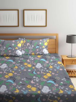 FABINALIV - Multicolor CartoonCotton Blend King Size Fitted Double Bedsheet With 2 Pillow Covers