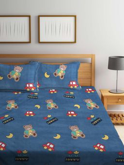 FABINALIV - Blue Cartoon Print Cotton Blend King Size Fitted Double Bedsheet With 2 Pillow Covers
