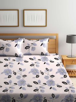 FABINALIV - Cream Floral Cotton Blend King Size Fitted Double Bedsheet With 2 Pillow Covers