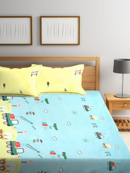 FABINALIV - Multicolor CartoonCotton Blend King Size Fitted Double Bedsheet With 2 Pillow Covers
