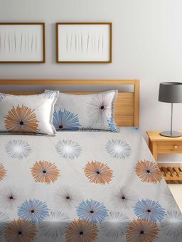 FABINALIV - Beige Floral Cotton Blend King Size Fitted Double Bedsheet With 2 Pillow Covers