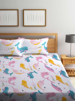 FABINALIV - Multicolor CartoonCotton Blend King Size Fitted Double Bedsheet With 2 Pillow Covers