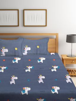 FABINALIV - Multicolor CartoonCotton Blend King Size Fitted Double Bedsheet With 2 Pillow Covers