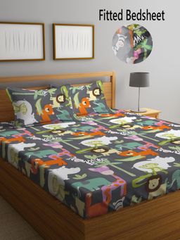 FABINALIV - Multicolor CartoonCotton Blend King Size Fitted Double Bedsheet With 2 Pillow Covers