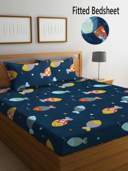 FABINALIV - Multicolor CartoonCotton Blend King Size Fitted Double Bedsheet With 2 Pillow Covers