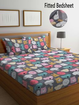 FABINALIV - Multicolor CartoonCotton Blend King Size Fitted Double Bedsheet With 2 Pillow Covers