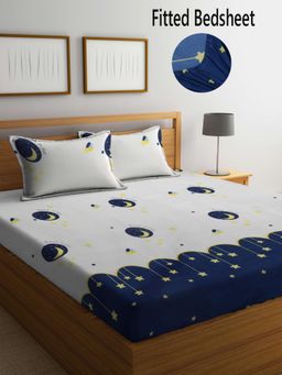 FABINALIV - Multicolor CartoonCotton Blend King Size Fitted Double Bedsheet With 2 Pillow Covers